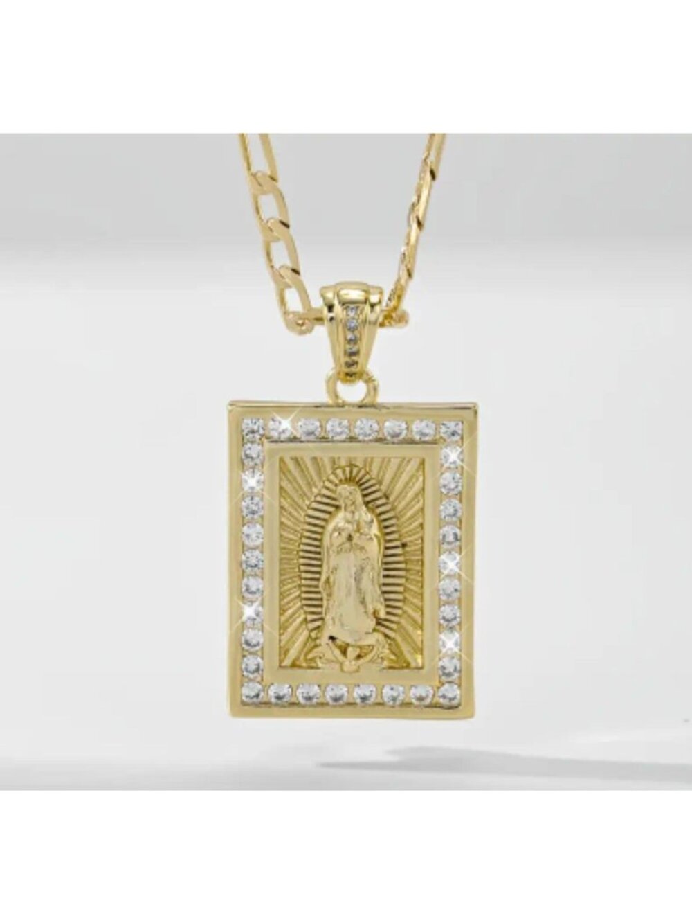 Virgin Mary Pendant Necklace With CZ Stones Figaro Chain Religious Jewelry GOLD